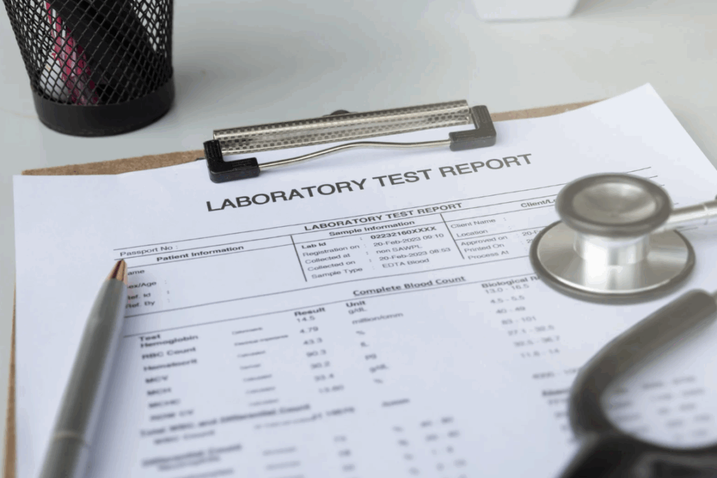 a medical test on a clipboard with a pen and stethoscope resting on top