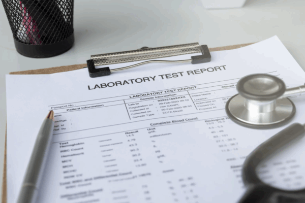 a medical test on a clipboard with a pen and stethoscope resting on top