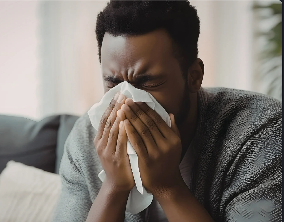 a man with upper respiratory illness coughing and blowing his nose