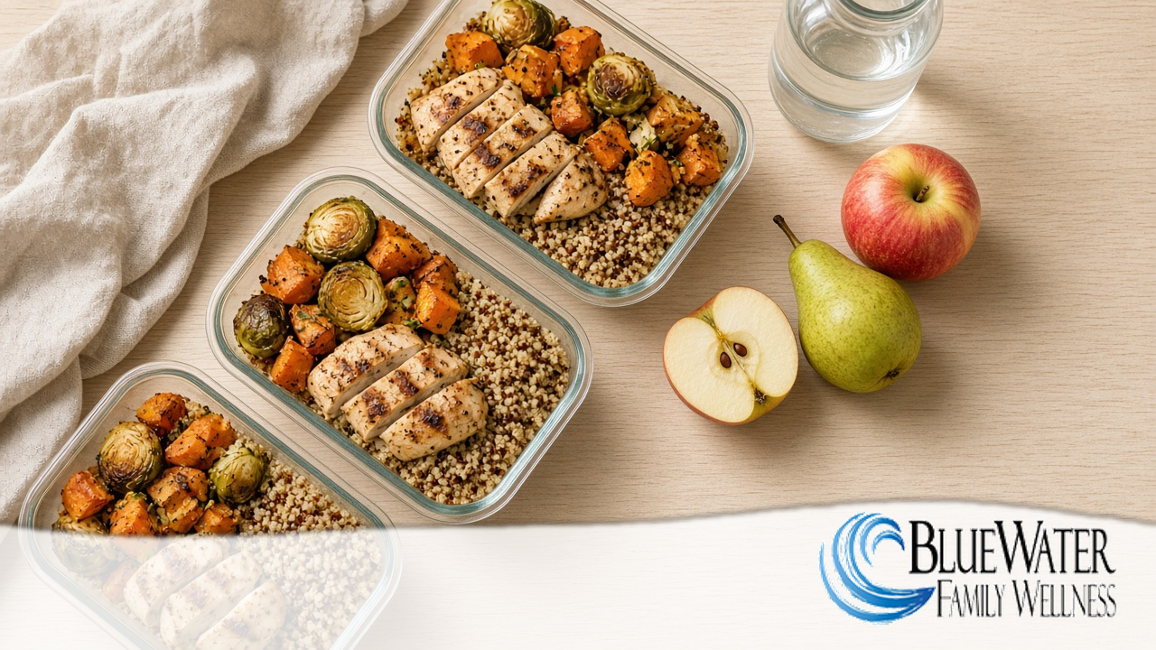 Healthy fall meal prep with grilled chicken, roasted vegetables, quinoa, and fresh fruit